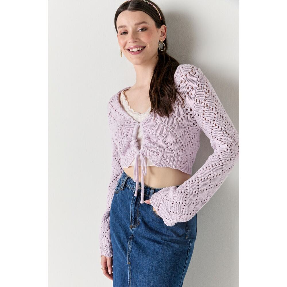Francesca's Blue Rain Lilac Belle Keyhole Crochet Crop Cardigan Sweater Medium